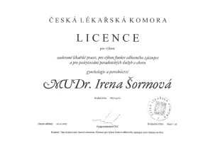 Irena Šormová - licence pro výkon lékařské praxe